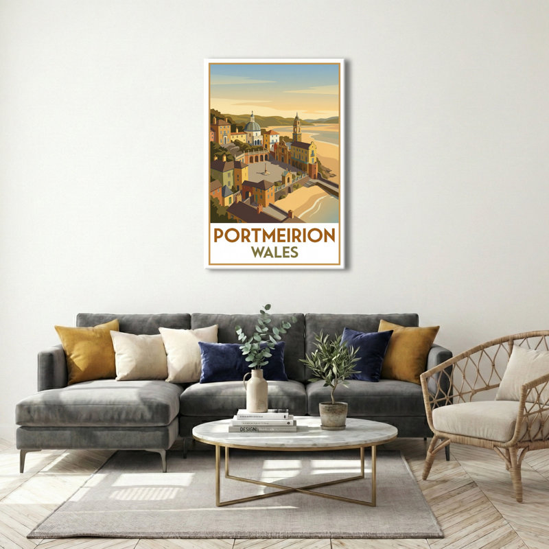 Portmeirion, Wales - Romantic Travel Poster And Art Print Of The Italianate Seaside Village. Giclee Print On Wrapped Canvas. Wall Art, Home Decor - Cities & Towns, Wales - Wrapped Canvas Print