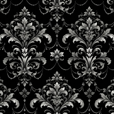 Peel and Stick Wallpaper Ornate Black Silver Victorian Floral Damask Contact Paper Removable Self Adhesive Wall Mural Wall Decor for Bedroom Kitchen Cabinets 24in x 118in