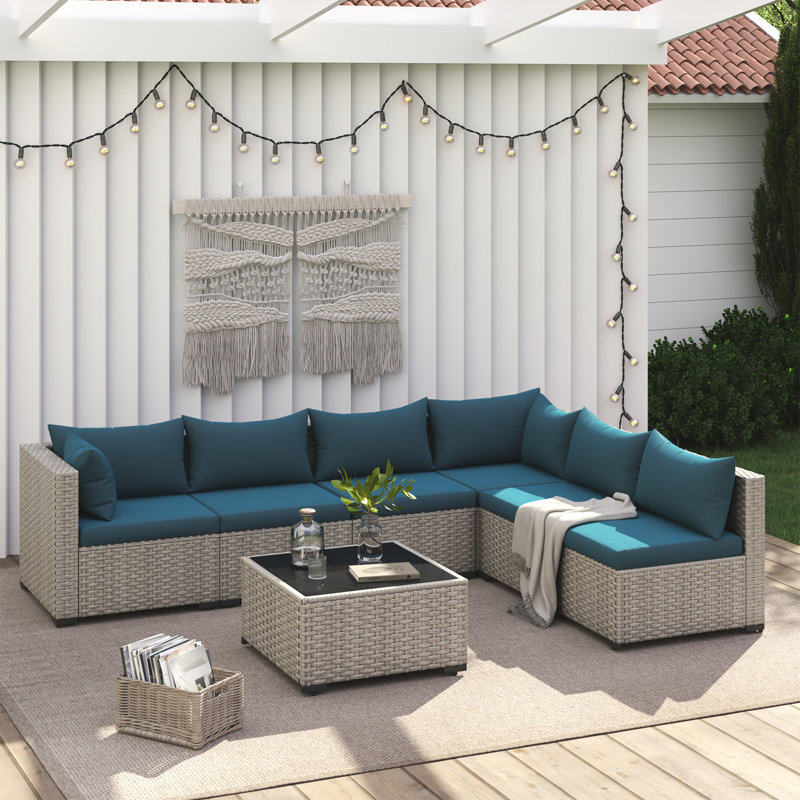 6-Person All-Weather Rattan Sofa Set, Outdoor Seating Group with Cushions & Glass Table, Peacock Blue