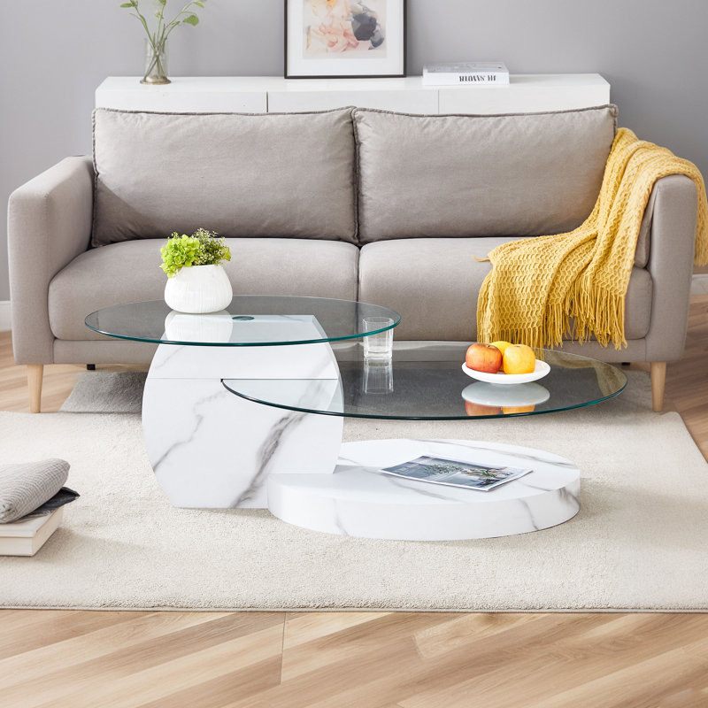 Double Clear Glass Oval Single Coffee Table, White