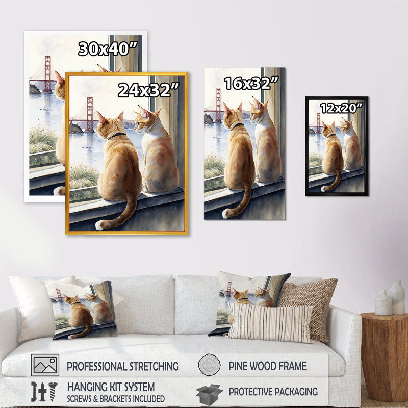 Deux chats assis sur la côte II - reproduction sur toile, L 30 po x H 40 po, Toile avec cadre flottant or