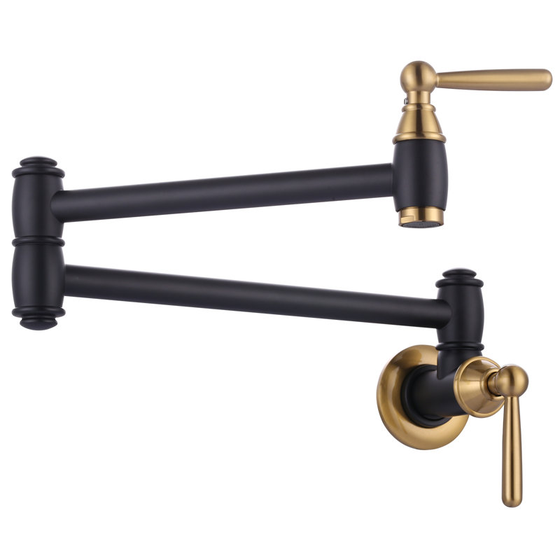 Wall Mounted Brass Pot Filler with 2 Handles, Black/Gold
