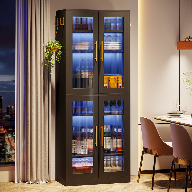 Tall Bookcase with Doors and LED Light, Black