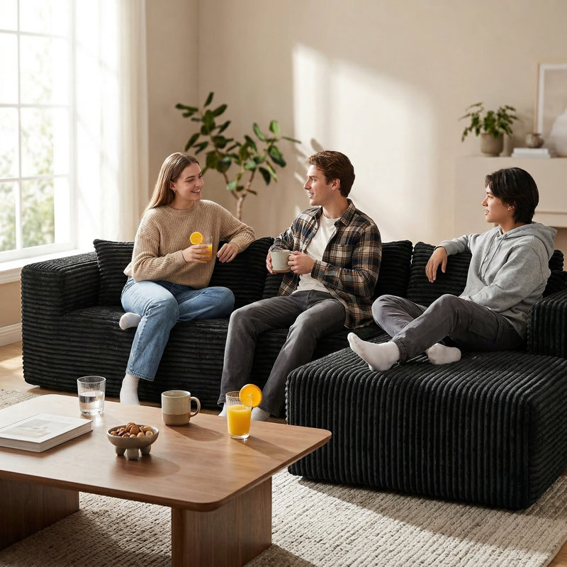 Linen Fabric Sectional Sofa Self-Expanding Instant Setup, 3-Seat L-Shaped Couch With Chaise For Living Room, Beige/Black/Gray