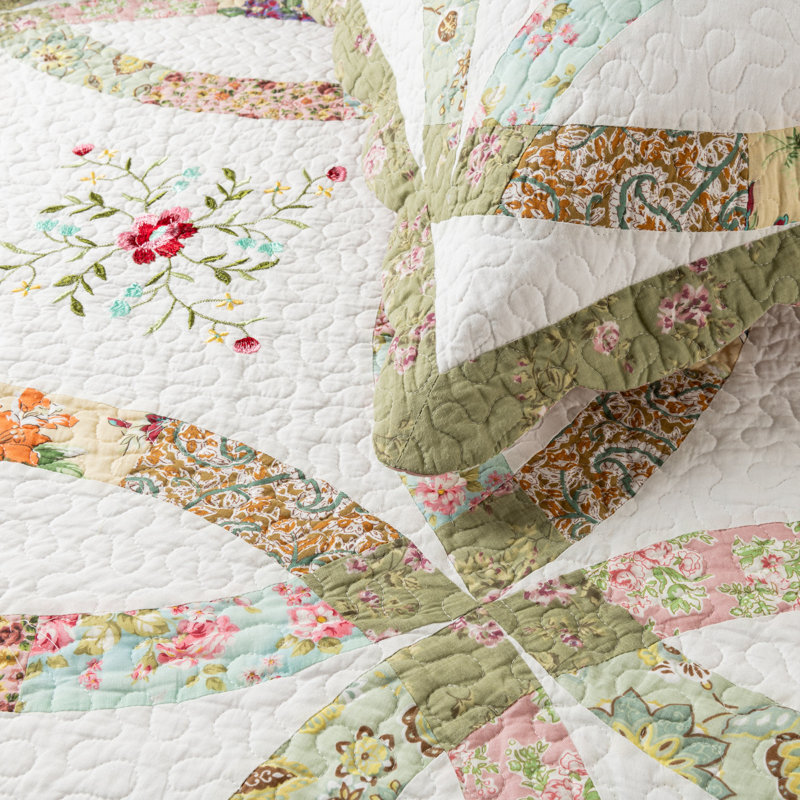 Ensemble de courtepointe réversible en coton avec broderie florale Real, Courtepointe très grand et 2 très grandes taies 