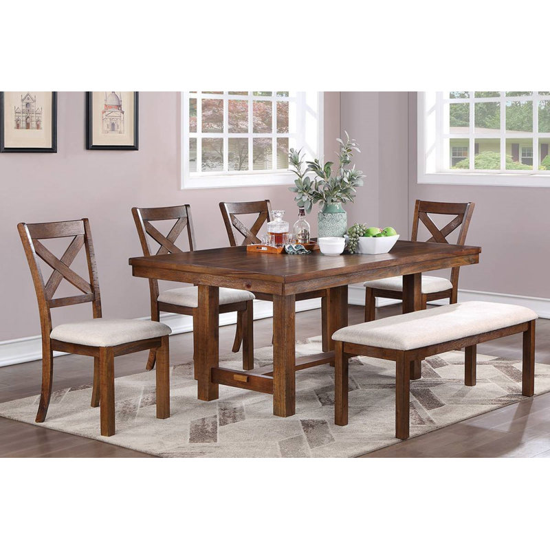 Rustic Pine Wood 6-Piece Dining Set with Bench and Cushioned Chairs