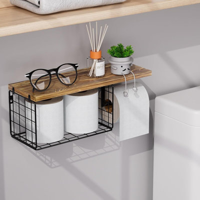 Bathroom Wall-Mounted TP Holder With Shelf – Wood & Metal Storage For Toilet Paper And Wipes, Brown
