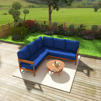 Ensemble de conversation pour patio en bois massif Acacia, canapé d'extérieur toutes saisons avec structure en arc, comprenant 6 coussins de siège moelleux