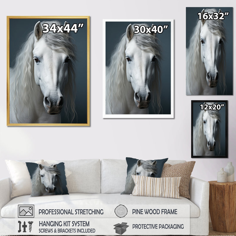 Kendallyn White Horse Crisp, impression monochrome sur toile, Cadre photo noir, H 44 po x l 34 po x P 1,5 po