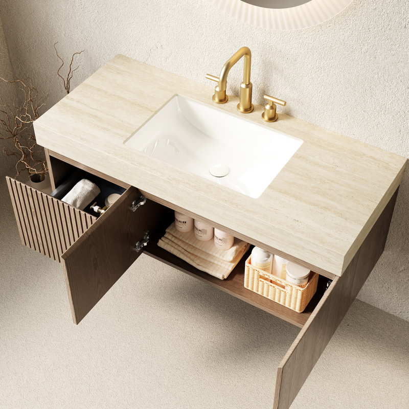 Meuble-lavabo suspendu de 122 cm avec tiroir, portes, comptoir, lavabo en céramique et robinetterie - Conception en contreplaqué