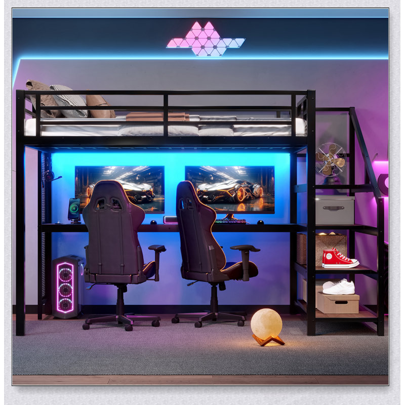 Lit mezzanine double avec bureau, escalier de rangement, lumières DEL, ports USB et conception sans bruit pour les espaces de vie modernes
