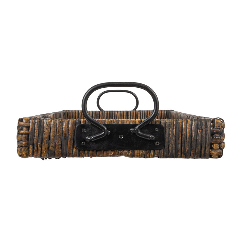Hadley Oversize Decorative Rattan Tray with Metal Handles, Black