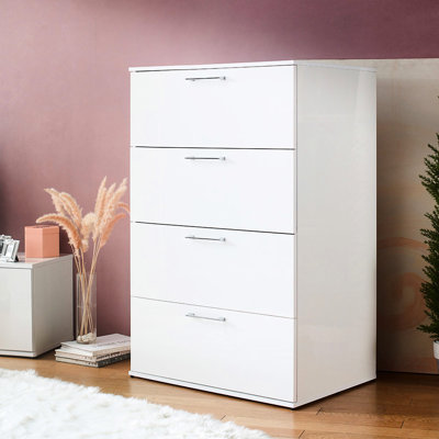 Jumbo Storage Chest In Glossy White With Deep Drawer Capacity Four Dresser - Extra Space For Larger Objects, Full Extension Bearing Slides Easy Retrieval, Water & Heat Build, Stain Scratch Finish, E0