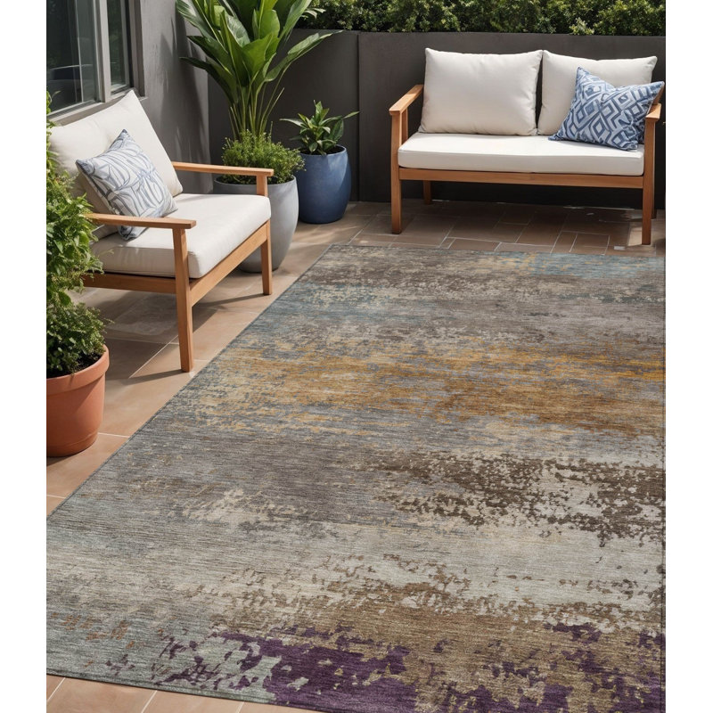 Tapis d'extérieur lavable abstrait brun, gris et mauve 5 pi x 8 pi