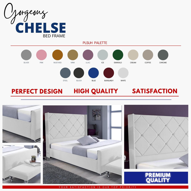 Descanso Chesterfield Velvet Upholstered Bed Frame - Buttoned Headboard, Chrome Feet, Single (3'), White