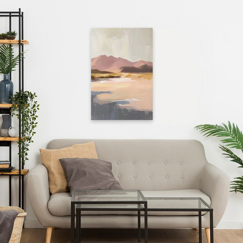 Désert du désert - paysage de montagne contemporain, montagnes roses, lac tranquille, H 24 po x l 16 po