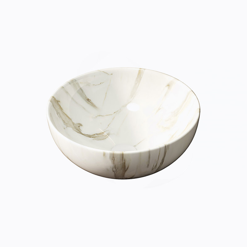 14'' Bathroom Sink, Bowl Vessel Ceramic Sink With Stone Pattern Without Faucet, NO Cabinet, Matte White, White
