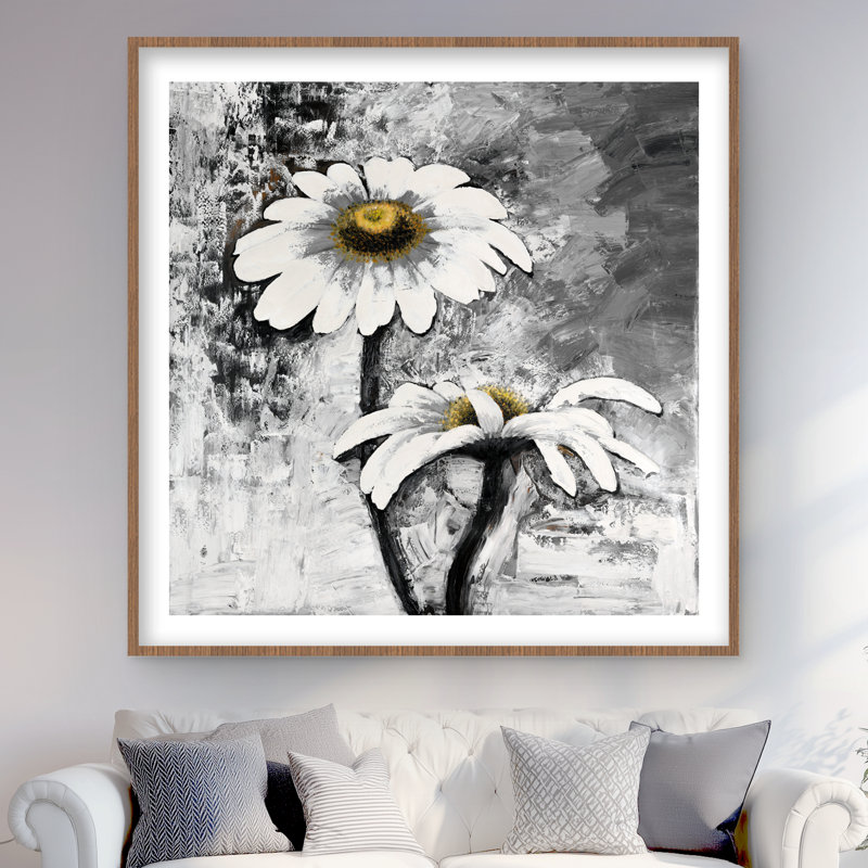 «Abstract Daisies Flowers - Livingroom Botanical», reproduction encadrée, H 48 po x l 48 po, Brun