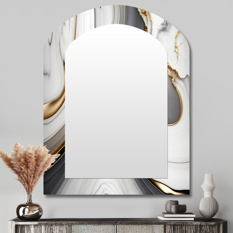 «Abstract Geode Marble Waves Grey I», grand miroir mural asymétrique gris, impression sur métal, 43 po x 33 po