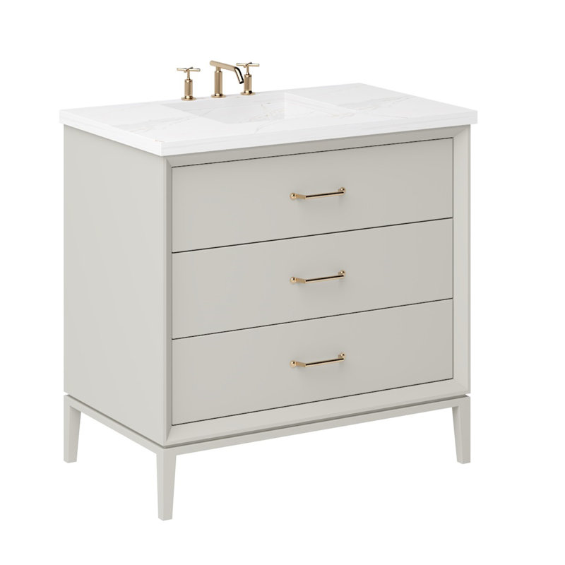 Alexandra Three-Drawer Single Bath Vanity, Vintage Taupe, Satin Gold, 42"