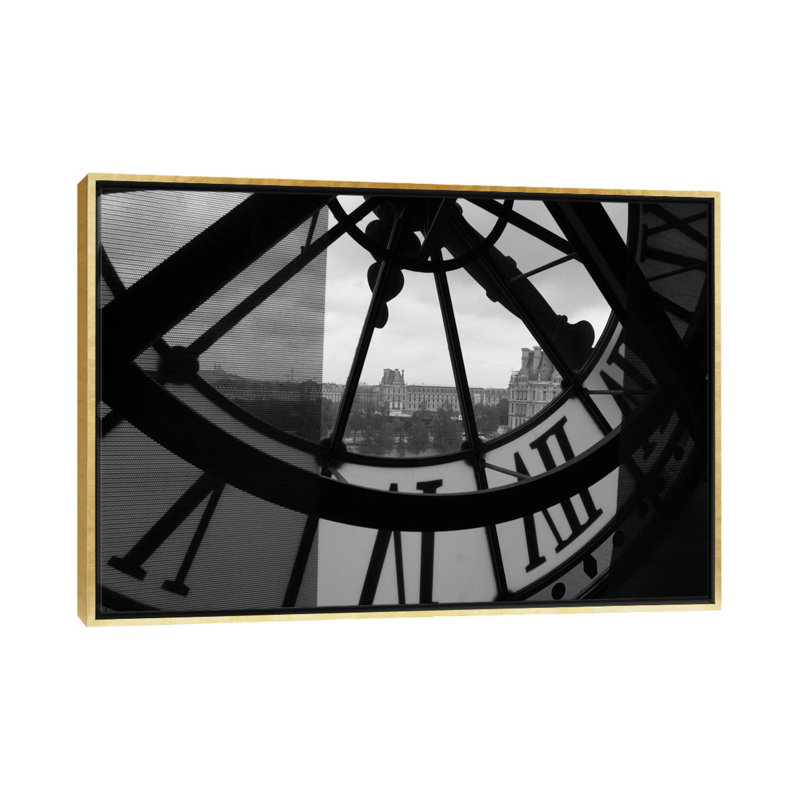 " Clock Tower In Paris ", 26" H x 40" W x 1.5" D, Gold Framed Canvas