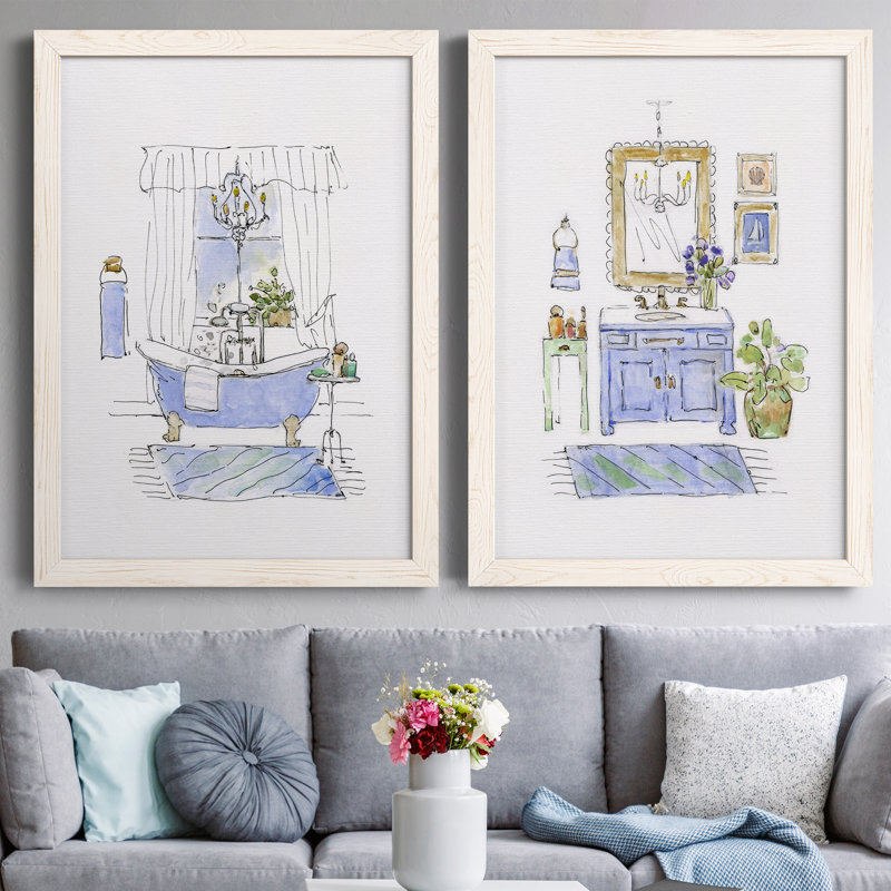 «Sketchy Bath I», ensemble de 2 peintures sur toile encadrées, H 31,5 po x l 47 po x P 1,5 po, Toile blanche encadrée