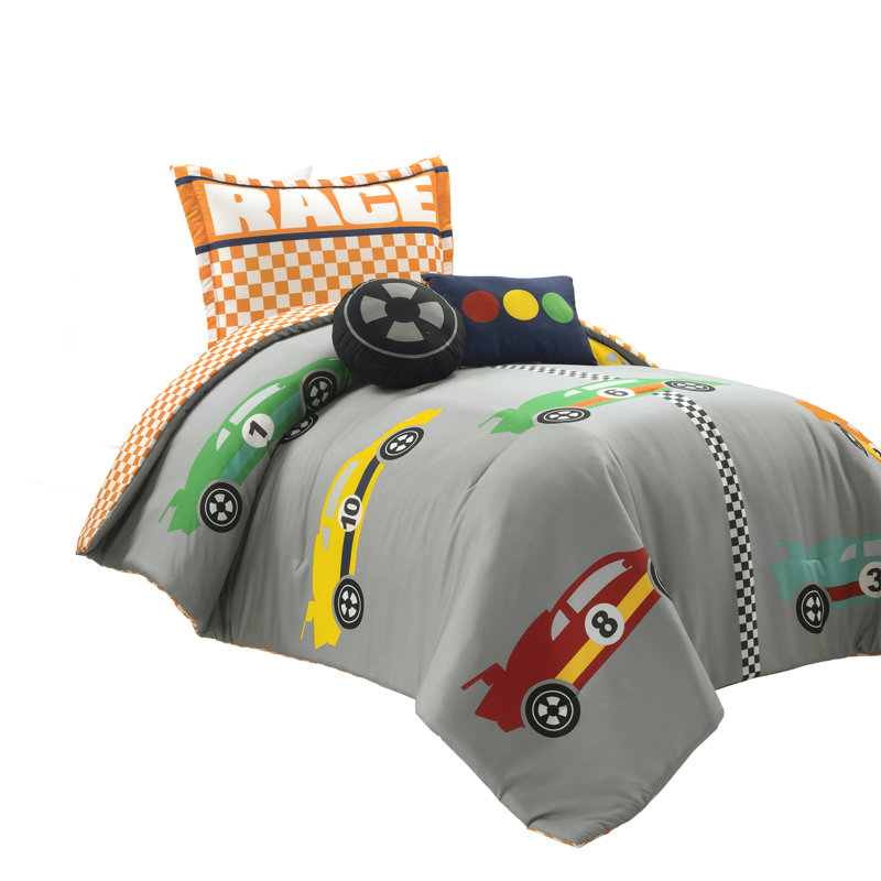 Lush Decor Racing Cars Reversible Comforter Set, Gray/Orange, Twin Comforter + 3 Standard Shams