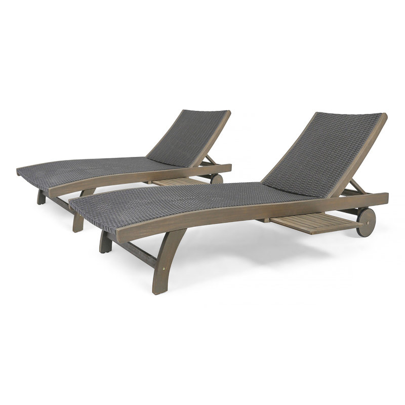 Outdoor Solid Wood Frame Recliner Set of 2 with Pull Out Tray and Rollers, Gray