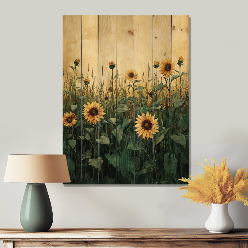 Summer Sunflower Meadow In The Prairies III - Sunflowers Wood Wall Art - On Natural Pine Wood, 32" H x 24" W x 0.78" D