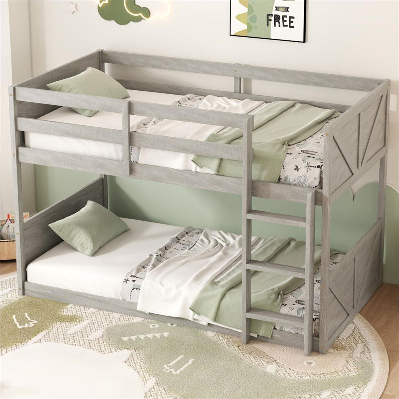 Lit superposé simple au-dessus d'un lit simple en bois d'hévéa massif avec échelle intégrée et garde-corps de sécurité, ton blanc