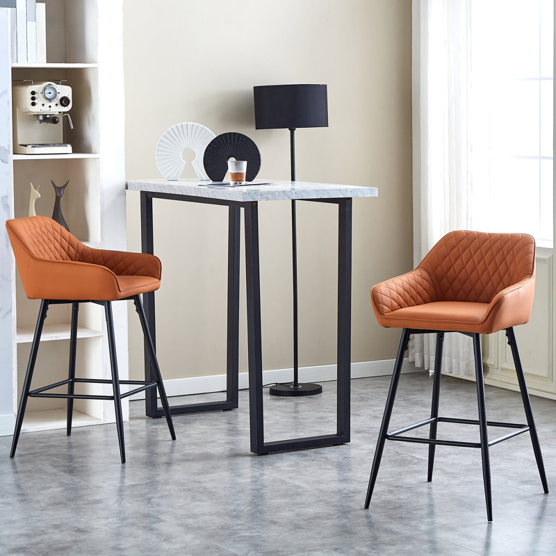 Saarrah 68cm Upholstered Bar Stool with Arms, 3, Orange Faux Leather