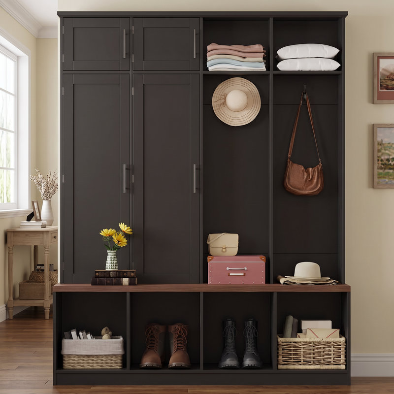 Porte-manteau de style campagnard avec 4 crochets dissimulés ; banquette multifonction de couleur noyer avec 8 portes d'armoire ; meuble à chaussures pour salons et entrées, noir