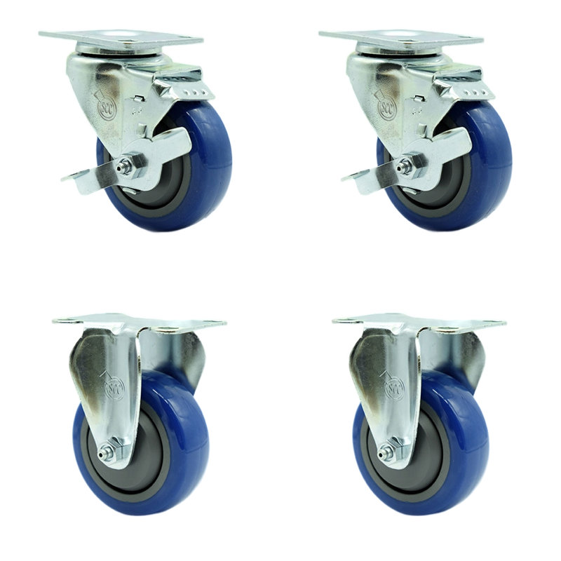 3.5 Inch Polyurethane Swivel Top Plate Caster Set with 2 Brake 2 Rigid SCC|SCC-20S3514-PPUB-TLB-2-R3514-2, Bleu