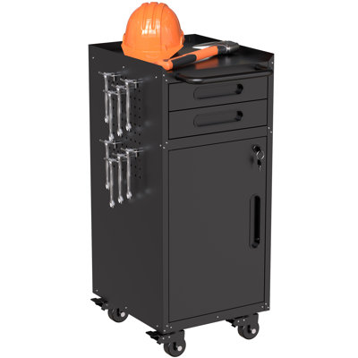 34.3"Narrow Rolling Tool Cabinet - Space-Saving Garage Storage with Lockable Door, 2 Drawers and Large Handle, Slim Metal Organizer for Tight Spaces