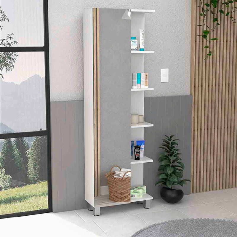 Armoire en lin à porte simple H 62 po, cinq tablettes extérieures, quatre tablettes intérieures, blanc