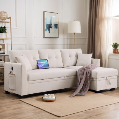 Clitheroe 81" Convertible L-shaped Pull-out Sofa Bed,  With USB Socket And Storage Chaise by Ebern Designs