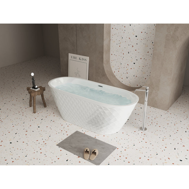 Baignoire autoportante 59 po en acrylique avec motif à losanges, trop-plein chromé et bonde