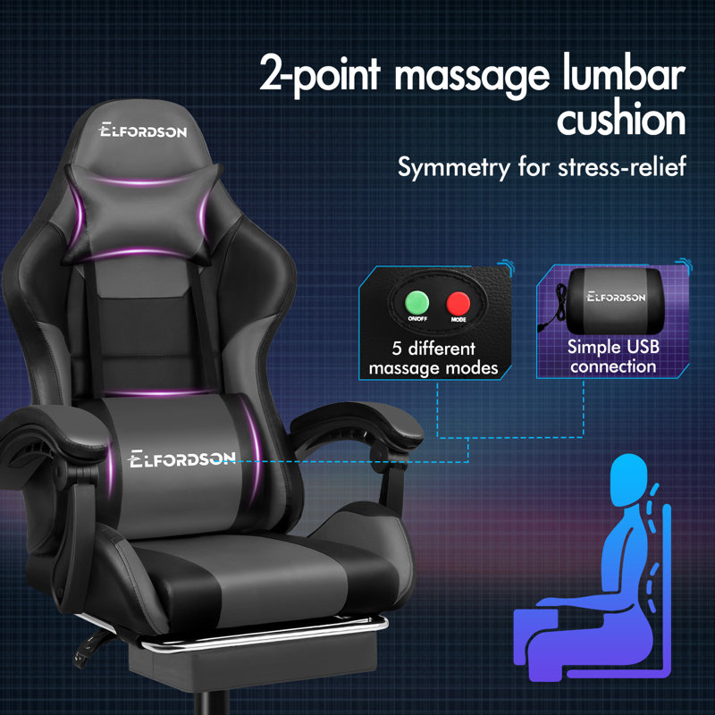ELFORDSON Adjustable Reclining Swiveling PC & Racing Game Chair with Footrest, Grey