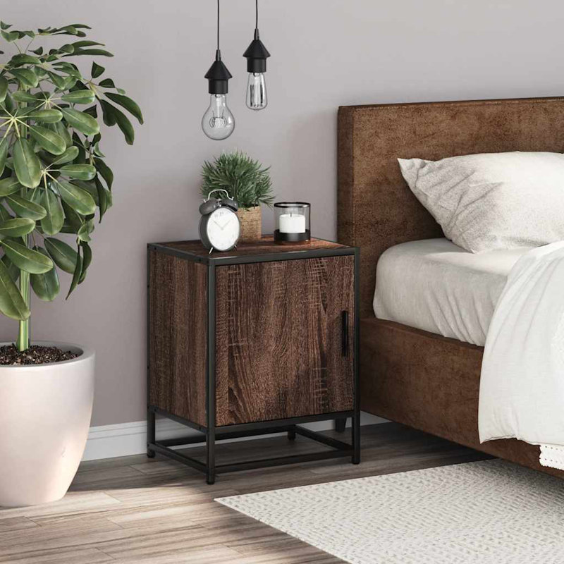 40cm W Metal Bedside Table, Brown oak