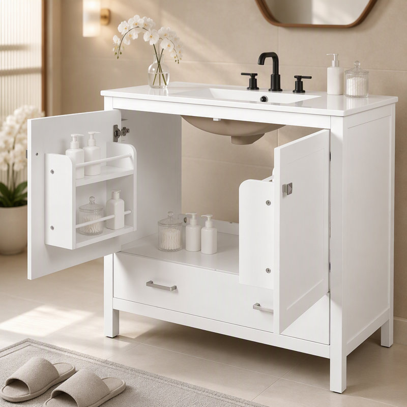 Meuble-lavabo de 30 po avec lavabo simple, lavabo sous le comptoir, armoire de rangement pour la salle de bain avec 2 portes et un tiroir, fermeture en douceur, rangement multifonctionnel