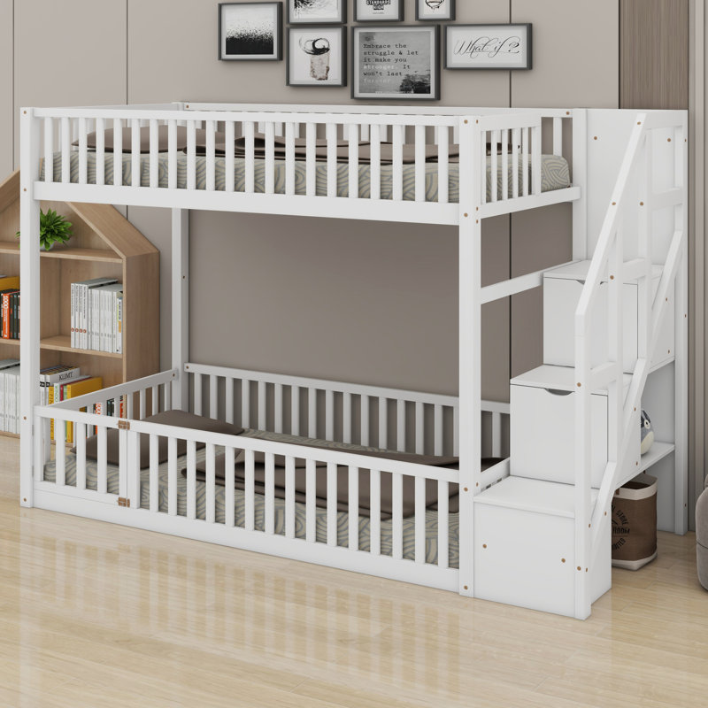 Modern Bunk Bed With Staircase Storage Solutions, White