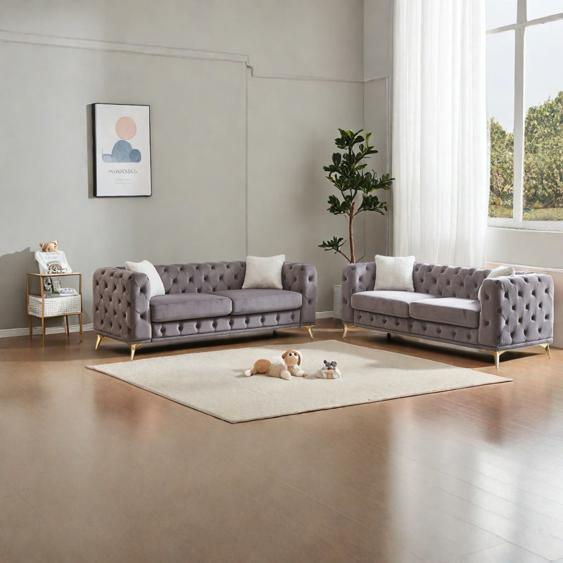 Compression 3 Seater Sofas, Grey Velvet Modern Tufted Set For Home