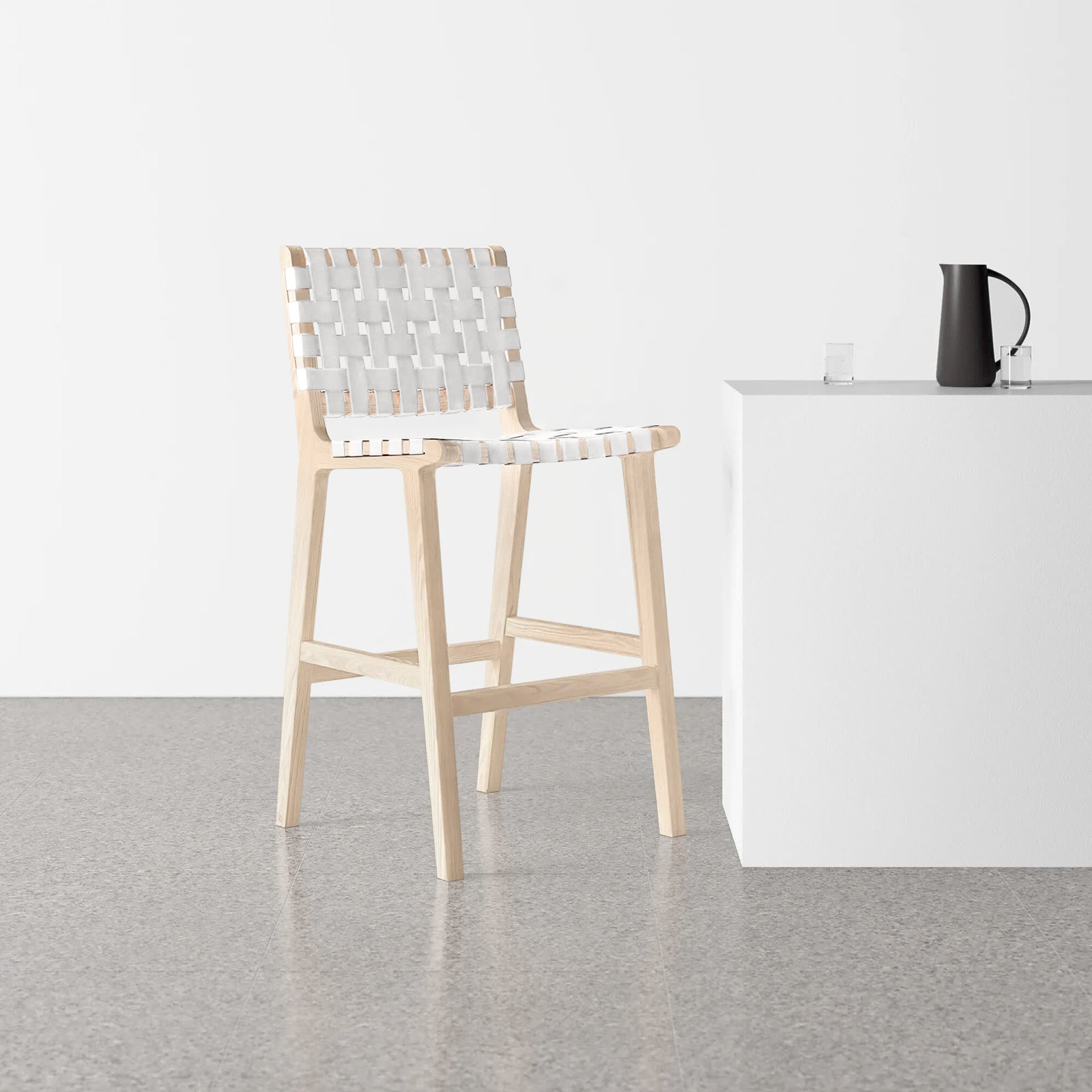 Alston Leather Stool, White Leather/Natural Unfinished Frame, Bar Stool (29.70" Seat Height)