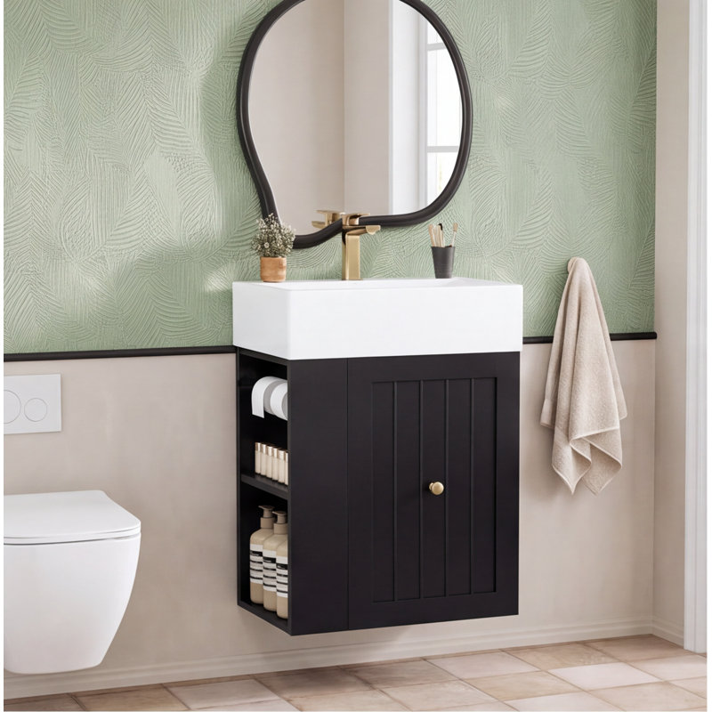 Meuble-lavabo mural noir de 20 pouces avec lavabo en céramique, tiroir, tablette latérale et poignée dorée - conception moderne peu encombrante pour les petites salles de bain