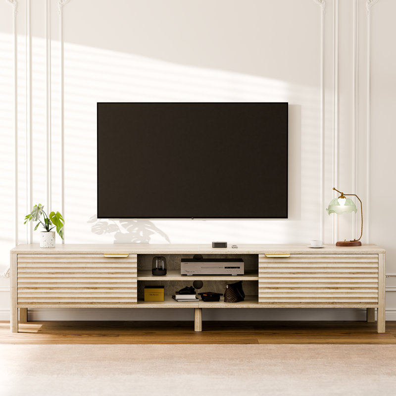 71" W Mid-Century TV Stand - Walnut Color Entertainment Center Support Up for 75" TVs, Dual Accessible Cabinets with Cable Outlet, Modern Home Furniture