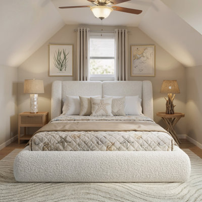Cloud Upholstered Bed Frame, Soft Boucle Fabric Upholstered Bed with 5" Thick Wingback Headboard, Platform Bed for Modern Bedroom, Easy Assembly & No Box Spring