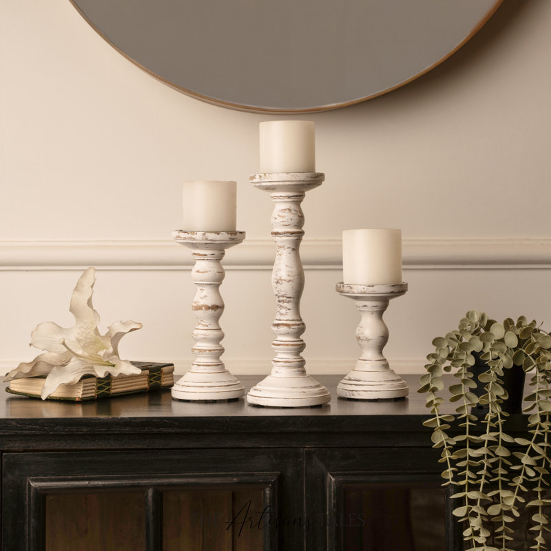 12'' Handcrafted Mango Wood Pillar Candle Holder Set – Rustic 3-Piece Set for LED Candles, Rustic White