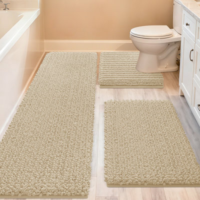 Upgrade Extra Large Beige Bathroom Rug Set 3 Pieces Ultra Soft, Thick Absorbent Bath Mats, Non Slip Chenille Toilet Mat for Bathroom, Bedroom, Kitchen