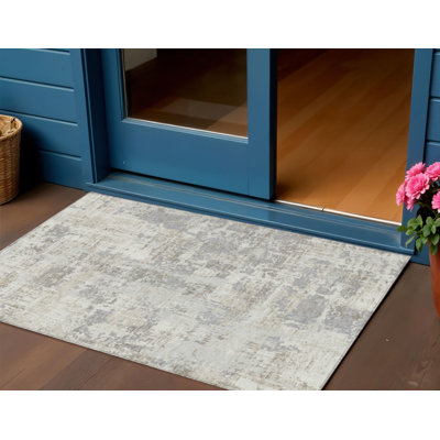 3' X 5' Ivory Abstract Washable Indoor Outdoor Area Rug