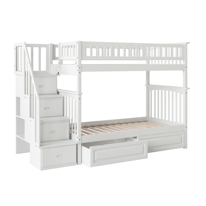 Lit superposé avec escalier de rangement Flinn, Simple sur simple, Blanc